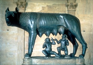 Romulus and Remus the legendary twin founders of Rome being suckled by the she-wolf