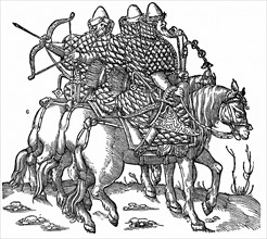 Mounted Muscovite warriors equipped with bows and arrow, swords and quilted armour