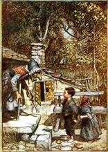 Hansel and Gretel and the Witch on the doorstep of her cottage, showing tiles made of gingerbread.