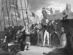 Nelson accepting surrender of Spanish admiral's sword