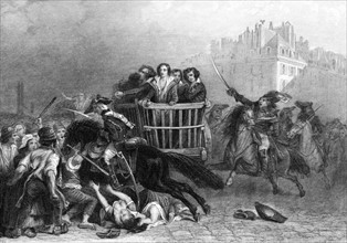 French Revolution: Last victims of the Reign of Terror being taken to the guillotine in a tumbril.