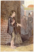Poor boy, shoeless and in rags, begging on a street corner. Chromolithograph London c1880