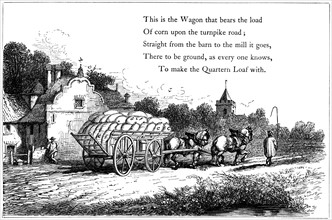 Wagon loaded with sacks of corn on the road to the flour mill