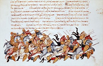 Byzantine cavalrymen overwhelming enemy cavalry