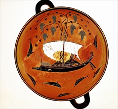 Dionysius, Greek god of wine) in sailing boat surrounded by dolphins Greek dish 530 BC
