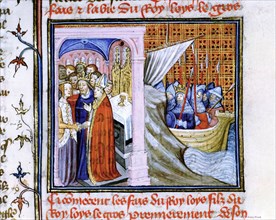 Marriage of Eleanor of Aquitaine (c.1122-1204) and Louis VII of France (1137) left, and embarkation
