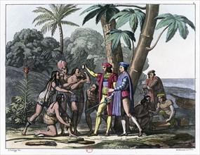 Columbus presenting gifts to the first natives