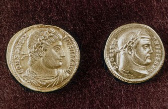 Gold coins showing heads of Roman emperors CONSTANTINE the Great