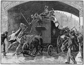 Fenian Conspiracy leaders Kelly and Deasy rescued from police van passing under railway bridge in Hyde Street on way from court in Manchester to prison, 18 September 1867