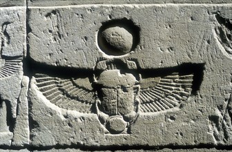 Scarab beetle and vulture wings under disk of the sun