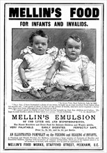 Advertisement for Mellin's Emulsion, food supplement based on cod liver oil, recommending it for children and invalids