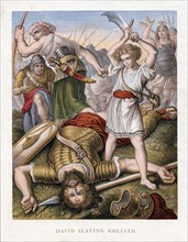 David, having killed the Philistine giant, Goliath, with stone from his sling, makes sure that Goliath is really dead