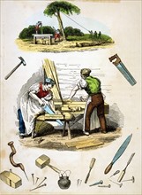 Carpenters at work, surrounded by various tools