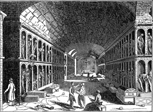 Catacombes du couvent des Capucins à Palerme.
Gravure de 1833.
