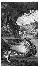 Hades, showing Charon the ferryman, Cerberus, three-headed dog guarding entrance,