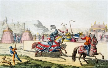 Armoured knights jousting at a tournament