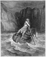 Charon the ferryman rowing to collect Dante and his guide, Virgil, to carry them across the Styx
