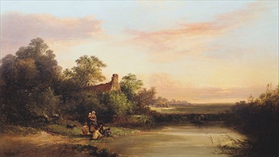 English landscape with cottage and stream