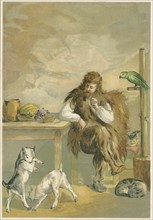 Robinson Crusoe about twenty years after shipwreck, in his cave with 'family' of pet parrot, cats and kids