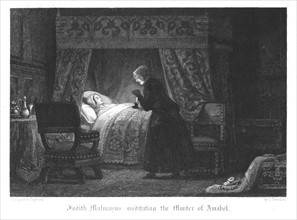 Judith Malmayns, the wicked plague nurse, contemplating the murder of Amabel Bloundel, which she accomplishes by puncturing the girl's neck with a needle infected with the plague