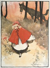 Little Red Riding Hood on her way to her grandmother's observed by a sinister, leering wolf.