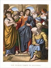 Jesus defending the woman taken in adultery against the Scribes and the Pharisees