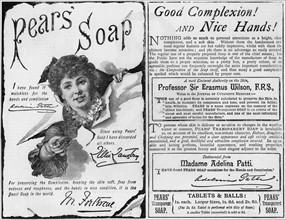 Advertisment for Pears' soap using endorsements from famous people including the soprano Adelina Patti and the actress Lillie Langtry