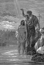 John the Baptist, wearing an animal skin, shown baptising Jesus