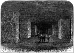Interior of Marston Salt Mine, Northwich, Cheshire, England, showing how pillars of rock have been left to support the roof