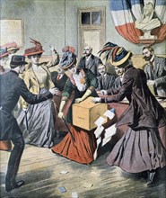 Belgian Suffragettes upsetting ballot boxes