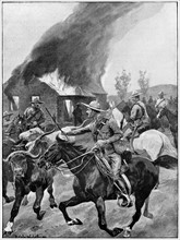 British colonial troops burning a rebel Boer's farm