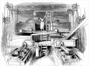 Mixing and grinding ingredients for production of pottery in the mill room of a Staffordshire factory
