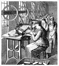Women securing bristles in brushes using Woodbury's machine, c.1895