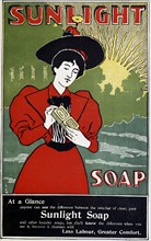 Advertisement for Sunlight household soap c1890 recommending it to the housewife by claiming it