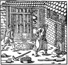 Extraction et concassage de minerai à l'aide d'une roue hydraulique, vers 1556
