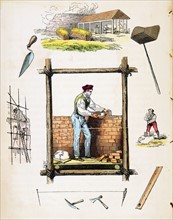 Bricklayer working on wooden scaffold