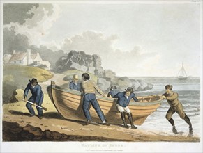 Seamen hauling a clinker-built dingy up on shore