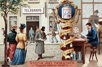 Telegraph office viewed from street including man reading message he has received