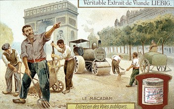Laying a Macadam road surface and compacting with a steam road roller, Paris street
