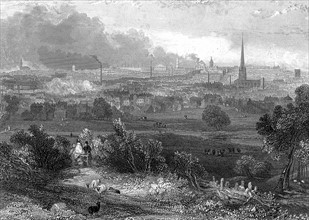 Birmingham viewed from the south showing smoking chimneys