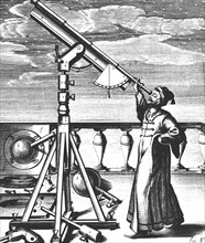 Hevelius observing through refracting telescope