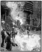 Tapping blast furnace and casting iron into 'pigs, Siemens Iron and Steel Works, Landore, South Wales