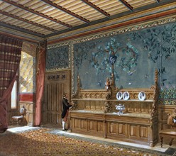 Servant next to a wooden dresser in a large room