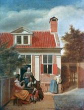 Pieter de Hooch  'Three Women and a Man in a Courtyard behind a House'
