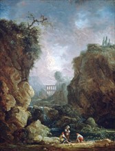 Robert Hubert 'Landscape with Waterfall and Aqueduct'