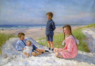 Erik, Else, Ove and Birthe Schultz on the Beach', 1919
