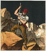 Stone quarry worker tamping down a gunpowder charge