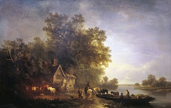 River landscape with rustics and horses at a ferry by moonlight