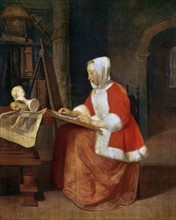 Metsu, A Young Woman seated Drawing