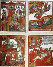 Russian popular coloured woodcut of parables, including the Raising of Lazarus